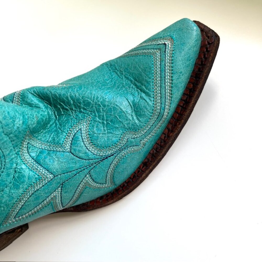 Corral Hand-crafted Embroidered Leather Cowboy Boots in Teal | Women's Size 6 - Picture 7 of 10